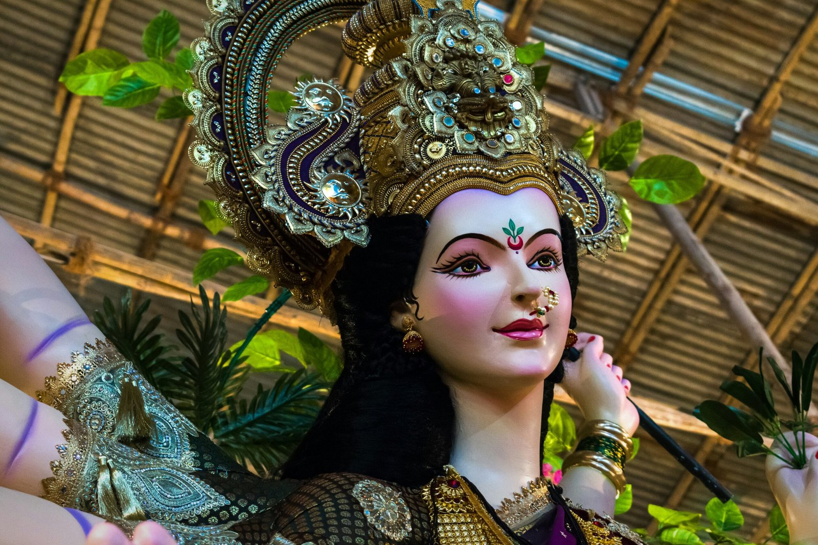 woman in gold and green floral dress wearing gold crown